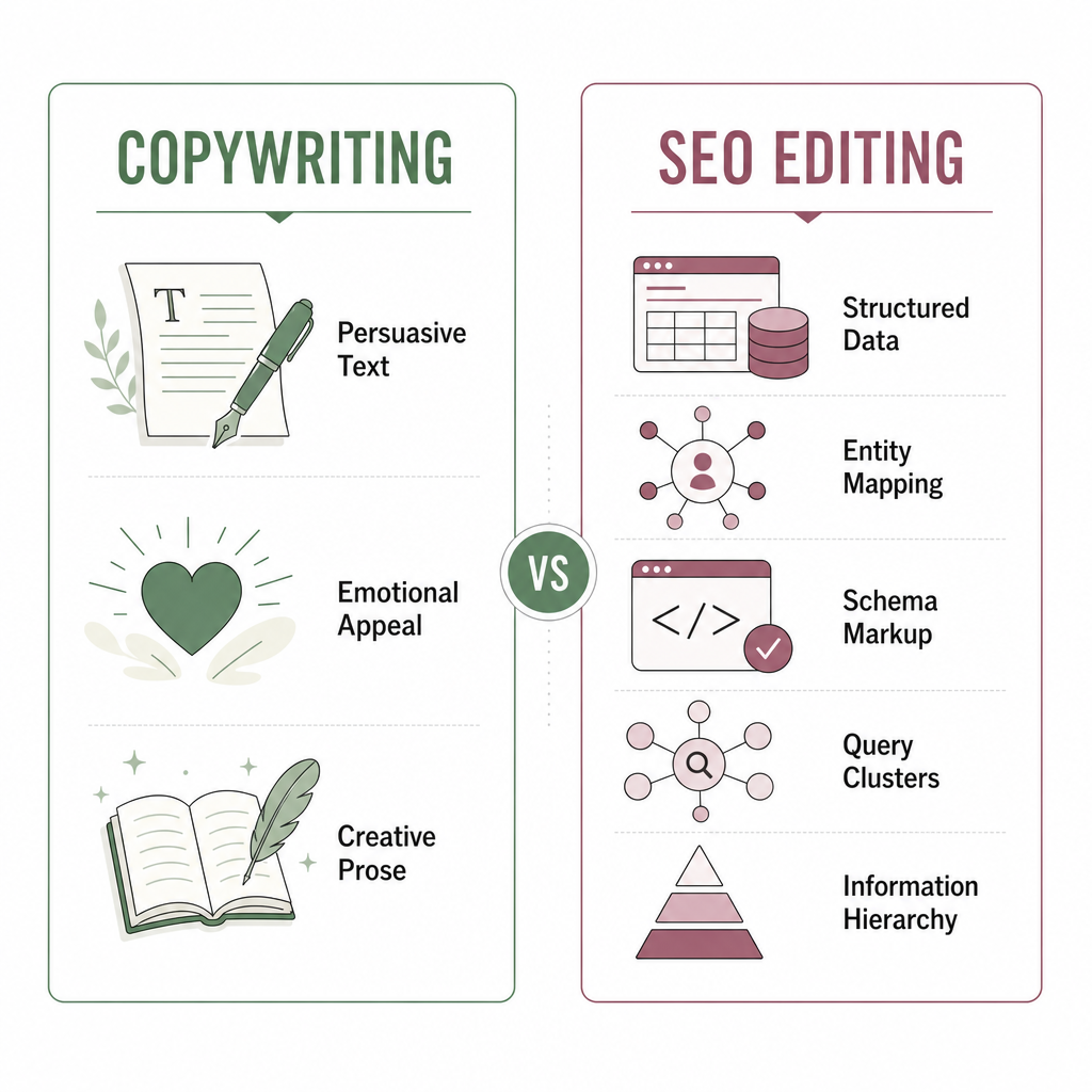 What is the difference between SEO Content Editing and Copywriting? (And Why they are Distinct Professions) Comparison of copywriting vs SEO editing - two distinct disciplines with different goals, tools, and skill sets