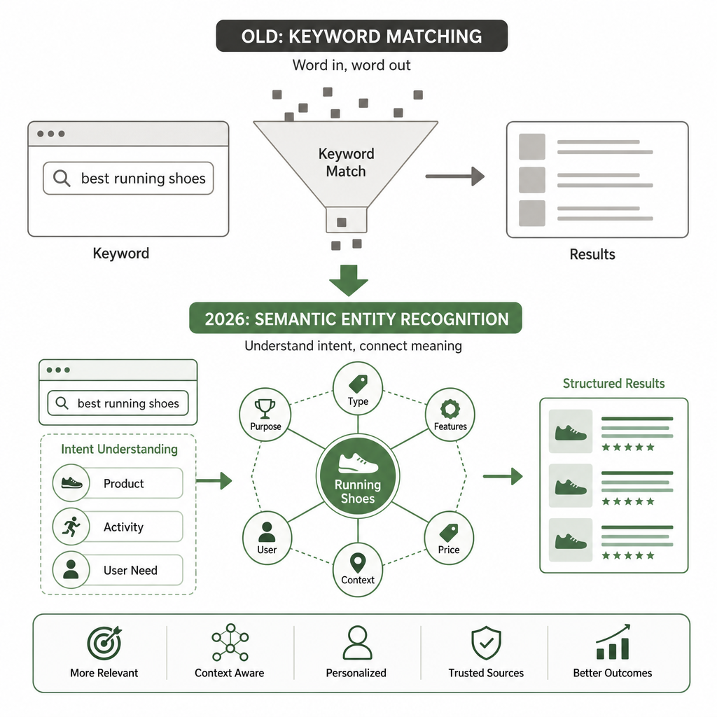 What is the difference between SEO Content Editing and Copywriting? (And Why they are Distinct Professions) How search intent evolved from keyword matching to semantic entity recognition in 2026 - old keyword funnel vs new entity graph